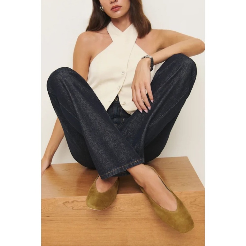 NEW Reformation Prudence Ballet Flats Olive Green Suede Square Toe Slip On 9